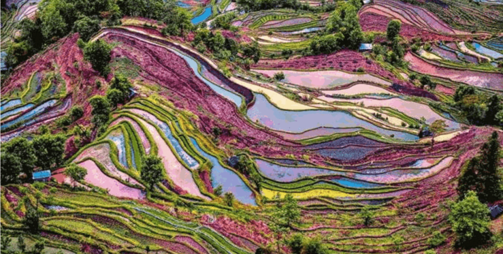 Colori fantastici del paesaggio cinese con le risaie in fiore